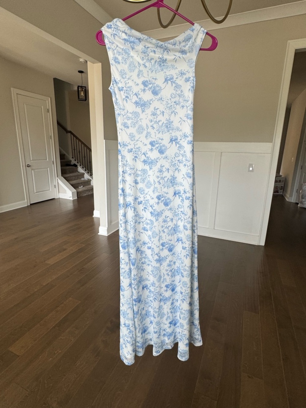 Commense Off the Shoulder White Maxi Dress with Light Blue Floral Print